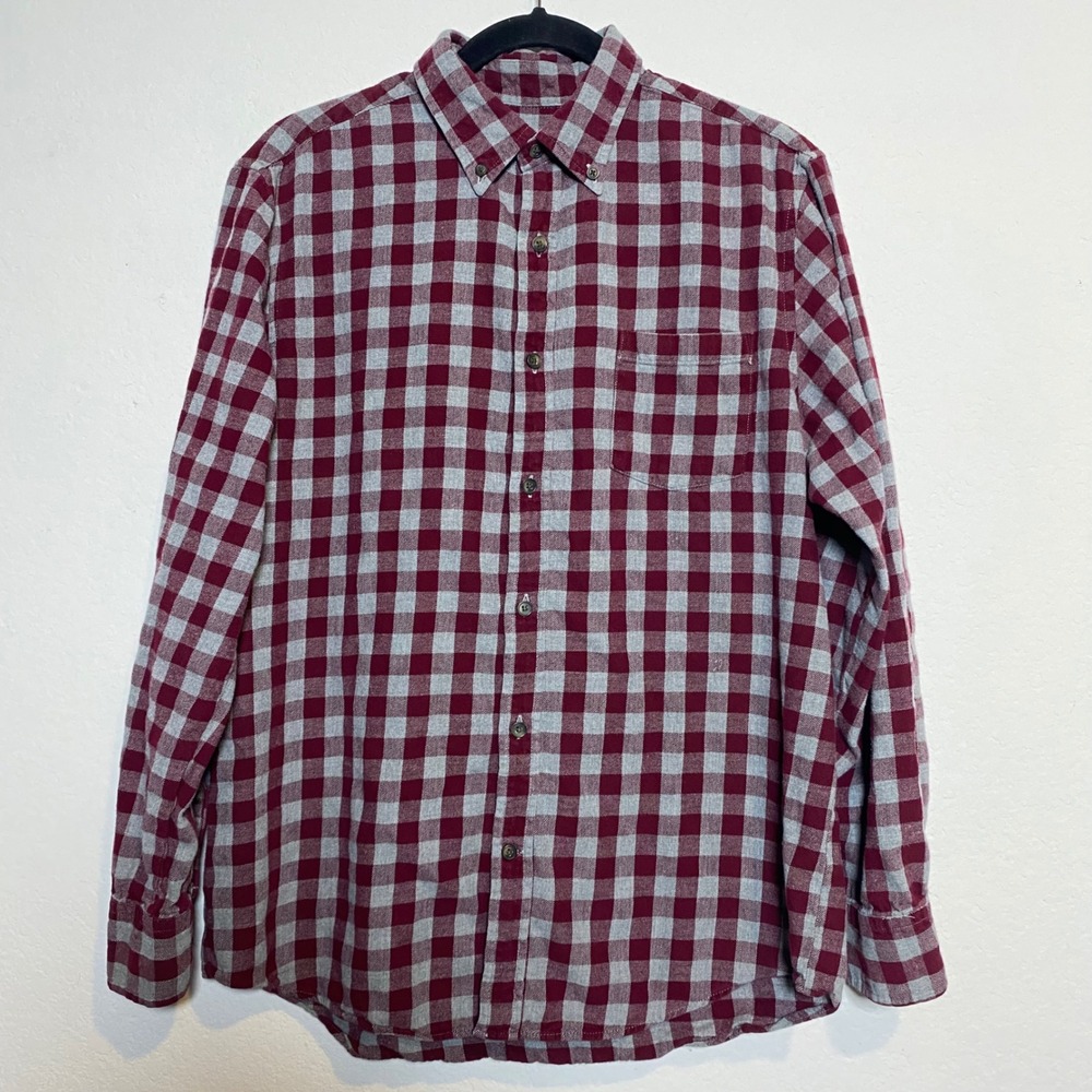 St Johns Bay Mens Flannel Shirt Gray Burgundy Plaid Long Sleeve Button Up Grunge